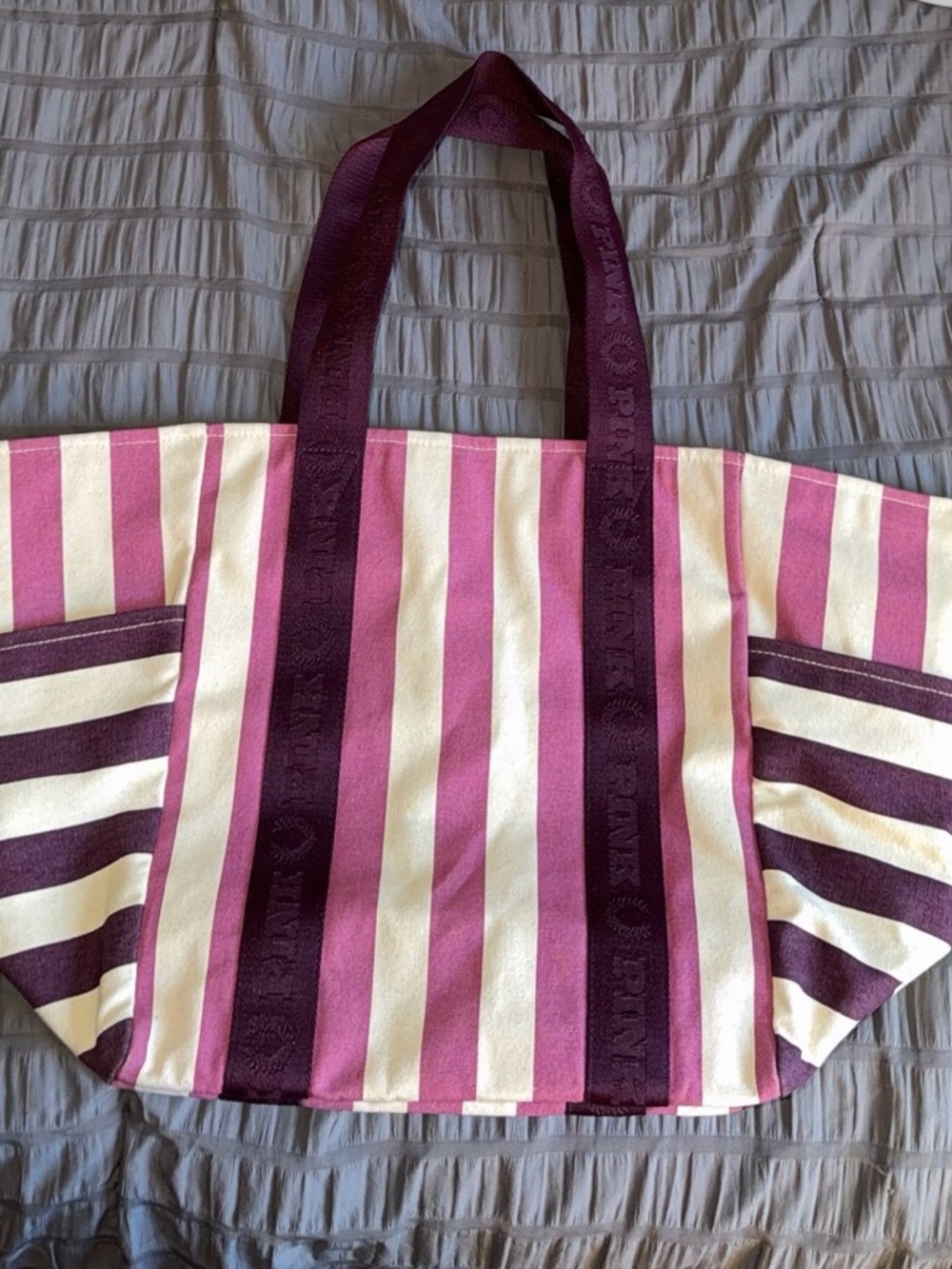 PINK Victoria's Secret Pink and White Striped Canvas Tote